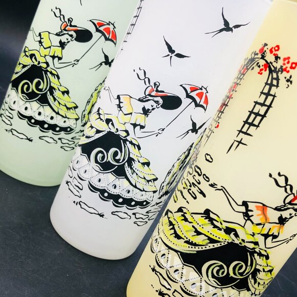 60s Southern Belle Tom Collins Cocktail Glass Set of 3 Frosted Highball Tumblers - Picture 11 of 13